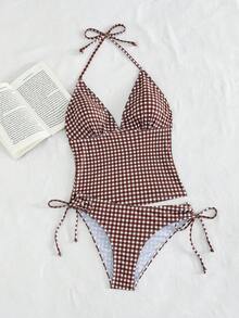 Swim Mod Bộ đồ bơi tankini nữ mùa xuân hè họa tiết kẻ caro cổ chữ V thắt nút, kiểu dáng dễ thương, quyến rũ, thích hợp cho lễ hội âm nhạc. - Đen và trắng - Xem 6