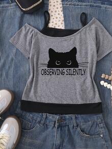 Cute Black Cat Print Cropped Cold Shoulder T-Shirt For Teen Girls,Summer Kawaii Casual Wear,Back-To-School & Graduation Gift,Comfortable Lightweight - Black and White - View 3