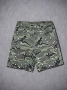 Manfinity EMRG Quần short denim dáng rộng in họa tiết rằn ri hình thoi phong cách đường phố dành cho nam giới. - xanh quân đội - Xem 3