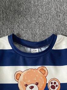 SHEIN Playful Pals 2件/套 幼童男童海軍藍夏季休閒海灘布魯克林熊印花條紋短袖T恤與牛仔短褲寬鬆版型純棉套裝 - 彩色 - 查看 5