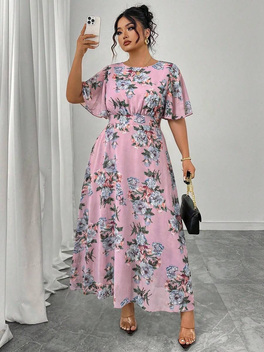 Modelyn Đầm maxi chiffon dáng suông, cổ tròn, tay bồng, xếp ly, dành cho nữ cỡ lớn, chất liệu thanh lịch, thích hợp cho mùa xuân/hè. - Nhiều màu - Xem 1