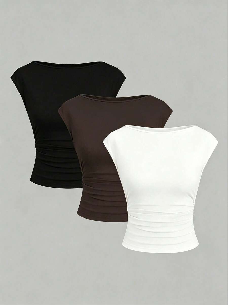 Sweetra 3pcs/Set Sexy Backless Breathable Moisture-Wicking Fitted Short Sleeve Top/T-Shirt For Women - Multicolor - View 1