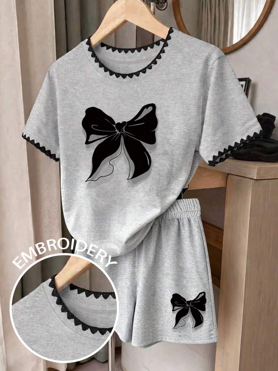Bộ đồ 2 mảnh cho bé gái tuổi teen, áo thun và quần short in hình nơ và thêu hoa, kiểu dáng rộng rãi thoải mái, cổ tròn, tay ngắn, thích hợp cho mùa xuân, hè, mặc hàng ngày, nghỉ lễ, du lịch. - Nhiều màu - Xem 1