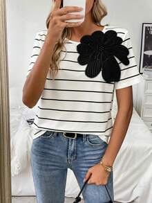 Franclia Camiseta de manga corta con aplicaciones florales para verano, camisetas gráficas para mujeres - Blanco - Ver 4