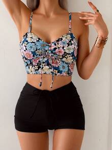 Swim Lushoire Áo Tankini mùa xuân cho nữ có dây đeo vai có thể điều chỉnh, quần lót màu trơn cạp cao, dáng ôm, mặc đi biển, tiệc hồ bơi, đi chơi, bảo thủ, đa năng - màu đen - Xem 1