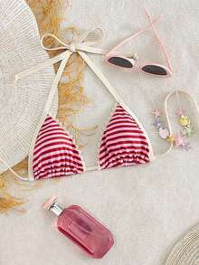 Swim Mod Bộ bikini tam giác màu đỏ hồng sọc, kiểu dáng thanh lịch retro Y2K dễ thương, phong cách boho, ngọt ngào, trẻ trung dành cho nữ, với viền ren sang trọng và đường viền trắng tương phản, phong cách nghỉ dưỡng biển gợi cảm, họa tiết sọc ngang màu hồng đỏ tía, áo tắm buộc dây cổ, áo tam giác, quần lọt khe, dây đeo có thể điều chỉnh, chất liệu co giãn mềm mại, nhanh khô, đồ đi biển cho kỳ nghỉ hè, tiệc bể bơi và lễ hội âm nhạc, kỳ nghỉ nhiệt đới, phong cách đảo nhiệt đới hiện đại/kỳ nghỉ, kỳ nghỉ cưới. - Đỏ và trắng - Xem 3