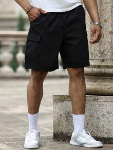 Manfinity Homme 男士素色休閒工裝短褲，適合日常穿著與度假 - 黑色 - 查看 4