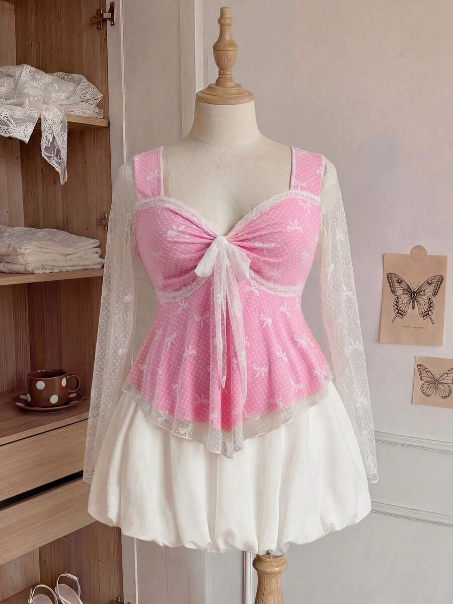 Comfortcana Plus Size Bow Lace Sweet Doll Collar Sheer Blouse - Baby Pink - View 1