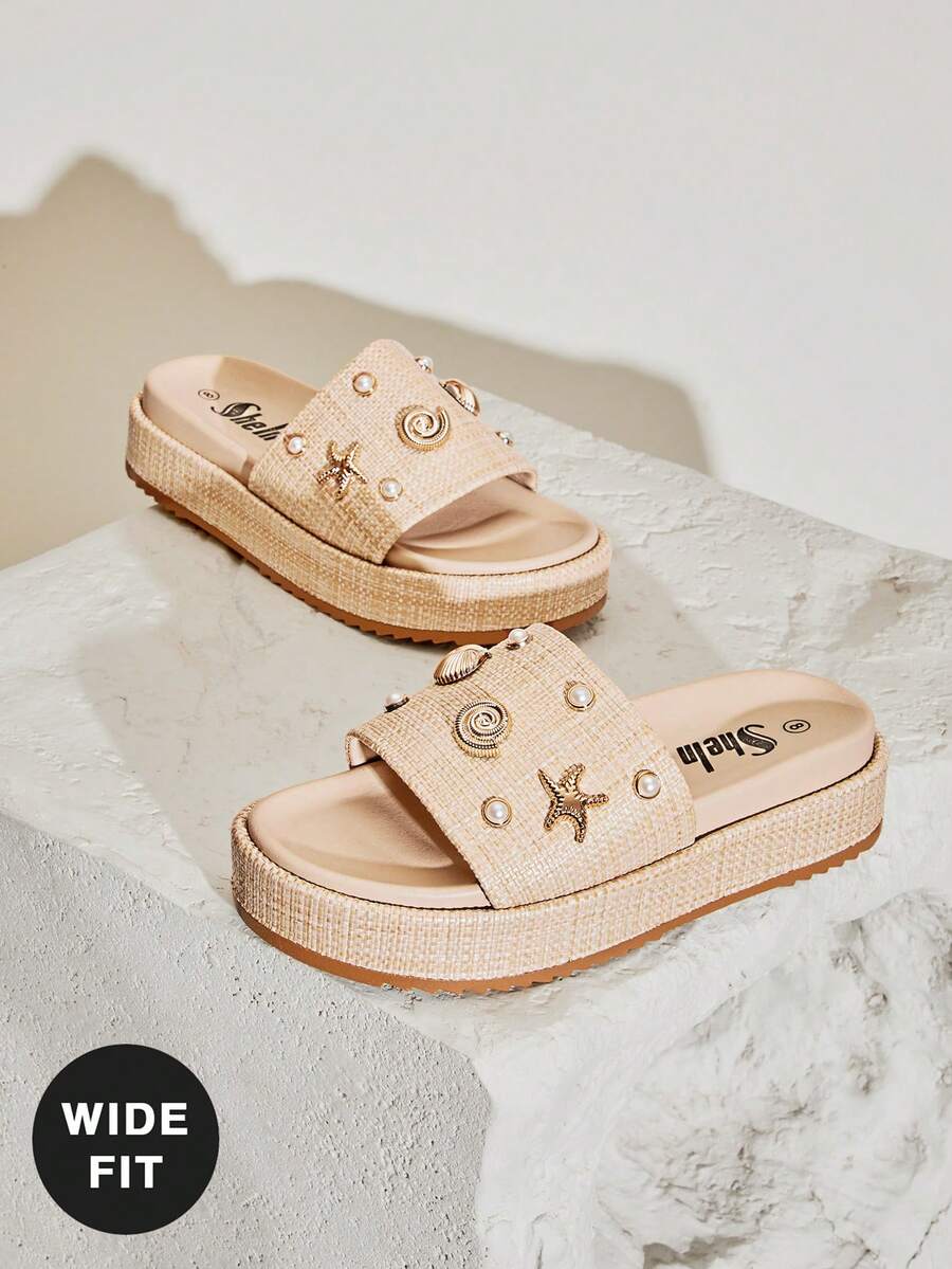 SHUZIA Sandal Platform Anyaman Rafia CoastalChic Wanita dengan Hiasan Mutiara & Kerang dan Alas Kaki Lebar – Siap untuk Liburan, Siap untuk Pantai & . - Aprikot - View 1