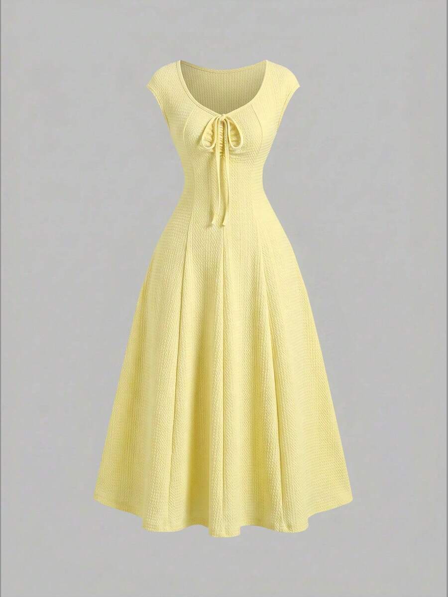 Sweetra Solid Color Cinched Waist Fitted Knit Maxi Dress, European And American Style - Yellow - View 1