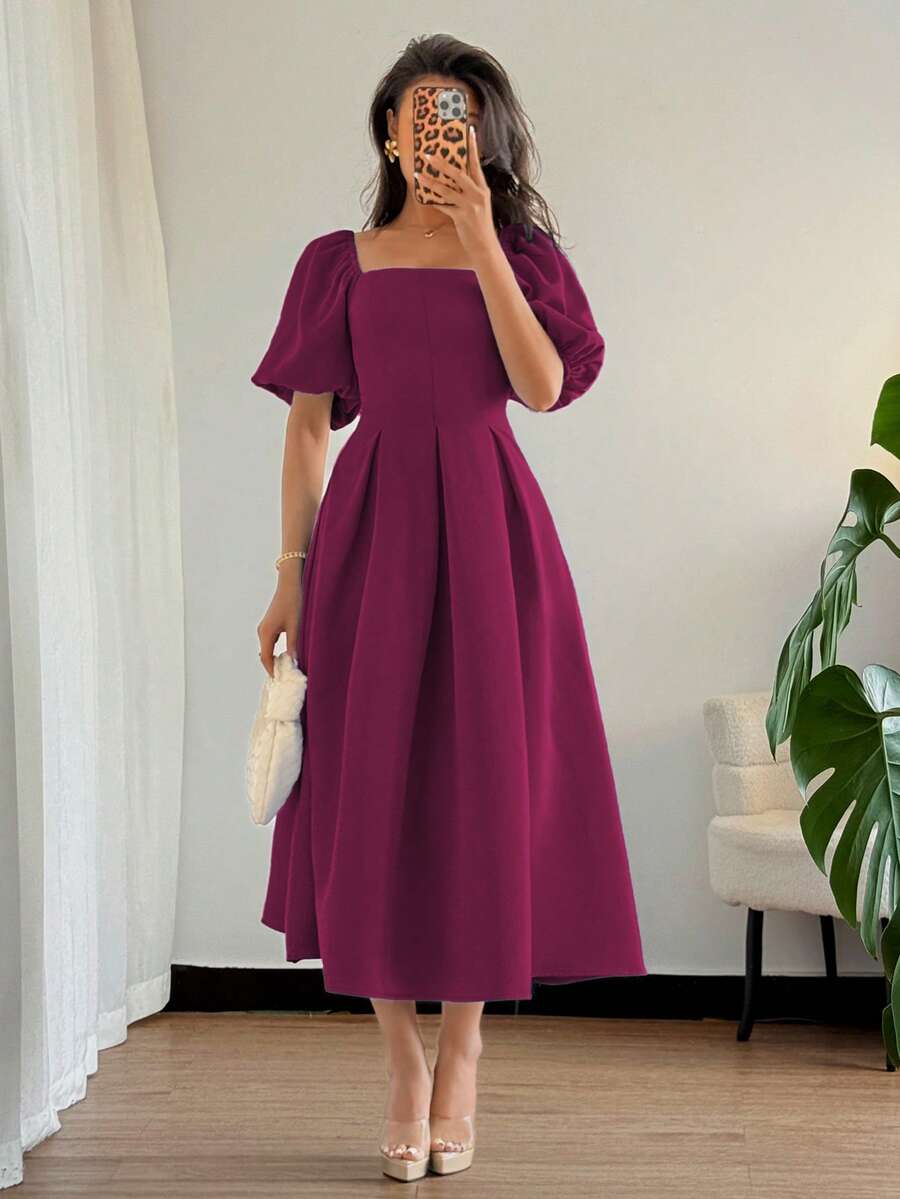 Elenzga 女士春夏法式优雅简约通勤办公商务休闲度假下午茶派对纯色方领荷叶边下摆A字泡泡袖短袖连衣裙 - 中紫紅色 - 查看 1