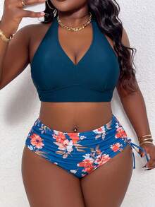 SHEIN Swim Curve 1 conjunto de traje de baño de talla grande para mujer con estampado aleatorio, bikini con corpiño de cordones, conjunto casual de dos piezas para vacaciones de verano en la playa - Multicolor - Ver 5