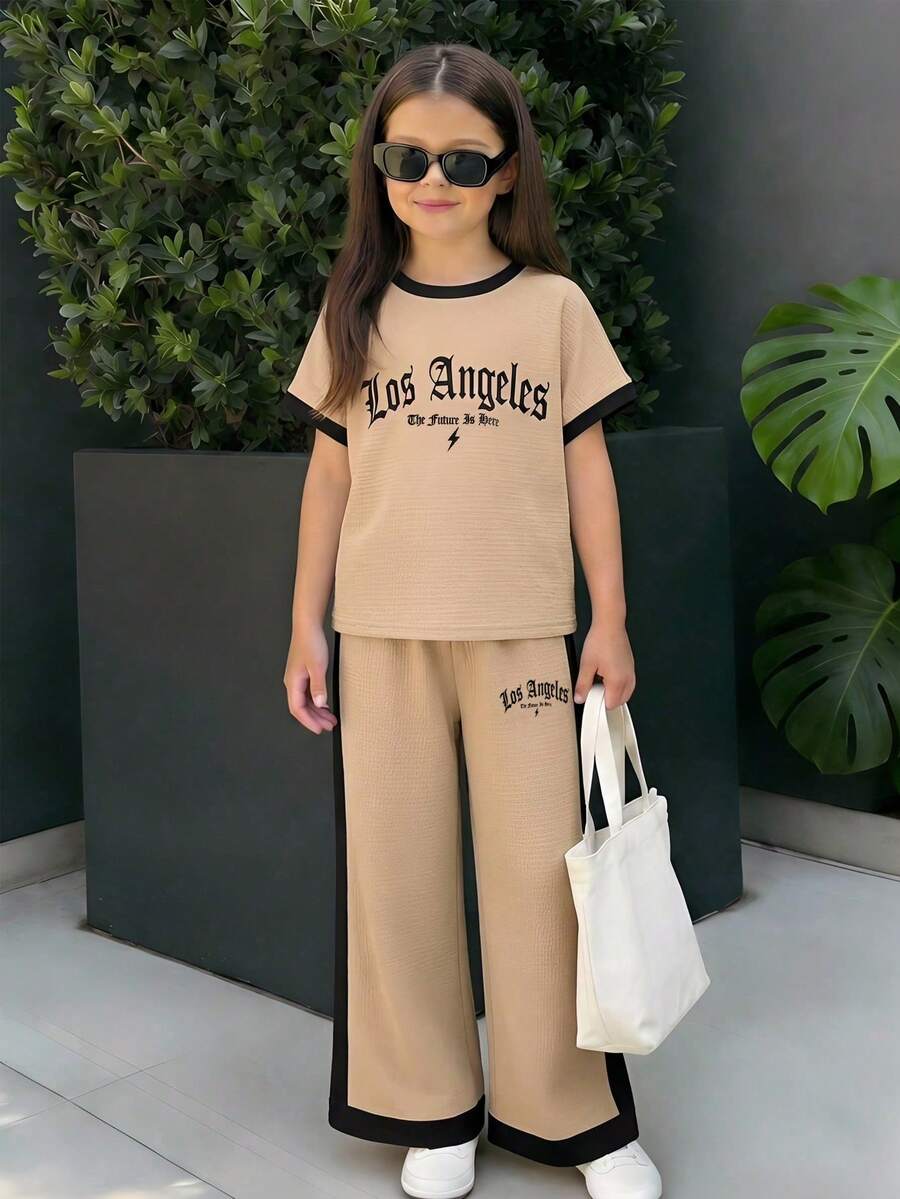 少女休闲百搭日常穿搭黑白撞色圆领插肩袖T恤+直筒针织裤套装 - 卡其色 - 查看 1
