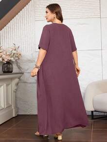 Lacomfia Women's Short Sleeve Loose Elegant Comfortable Minimalist Plus Size Dress With Pockets - Dusty Purple - View 2