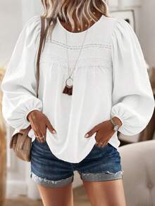 EMERY ROSE Women's Casual And Elegant Minimalist Textured Fabric Round Neck Long Sleeve Blouse,Fall And Spring Vcation T-Shirt - White - View 7