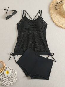 Swim Lushoire 夏季海灘度假多件式泳裝女款純色中空交叉背心泳衣上衣和游泳短褲組合 - 黑色 - 查看 3