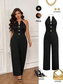 Femmeverse Plus Size Women's Fashion Metal Decor Buckle Pleated V-Neck Sleeveless Solid Color Jumpsuit - Black - View 1