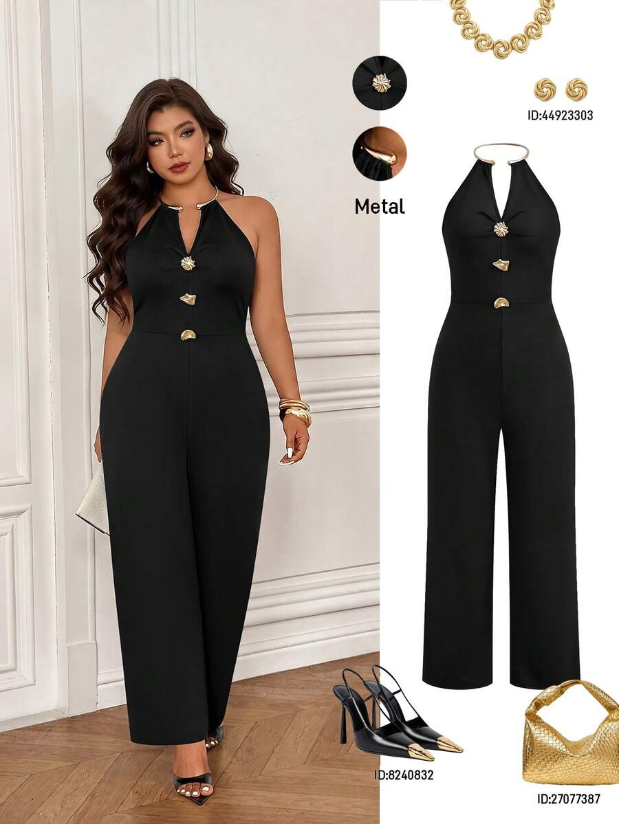 Femmeverse Plus Size Women's Fashion Metal Decor Buckle Pleated V-Neck Sleeveless Solid Color Jumpsuit - Black - View 1