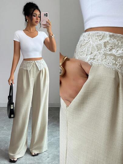 Elenzga Women's Solid Color Bamboo Knit Fabric Mid-Waist Patchwork Ruffle Pocket Loose Straight Leg Pants, Apricot Color, French Elegant Vintage Formal Office Commute Casual Beach Holiday Western Street Style Minimalist Versatile Afternoon Tea Party Home Leisure Comfortable Bohemian Spring/Summer New