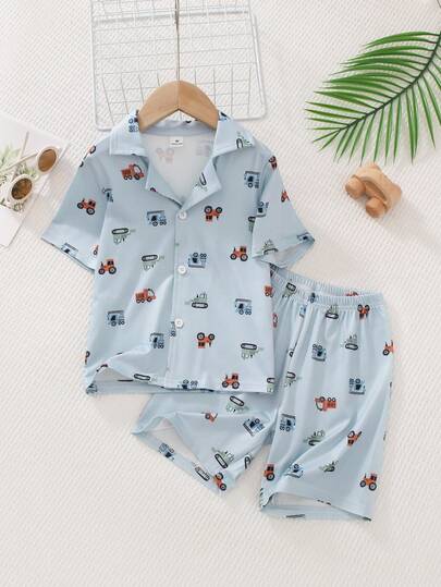 Young BoyCartoon Truck Allover Print Short Sleeve Polo Collar Cardigan Pajama Set, Young Boy Flame Retardant Short Sleeve Shorts Casual Sleepwear