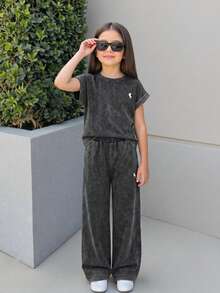 SHEIN Conjunto informal de 2 piezas de niña preadolescente con cuello redondo y manga corta de punto - Negro - Ver 13
