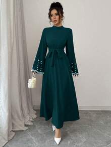 Elenzga Gaun Wanita Elegan dengan Leher Tinggi dan Lengan Mengembang - Dark Green - View 3