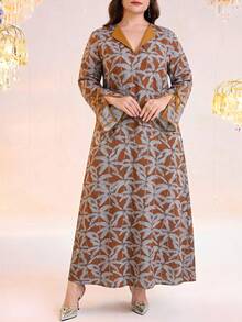 Al Najma Vestido plus size feminino de primavera/outono com estampa tropical de palmeiras, mangas com fenda e estilo árabe. - Multicolorido - Ver 6