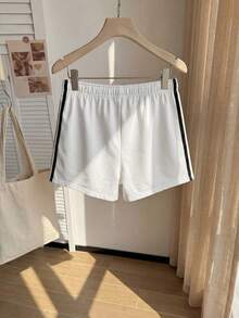 Comfortcana Plus Size Summer Sports White Contrast Color High Waist Super Short Shorts - White - View 6