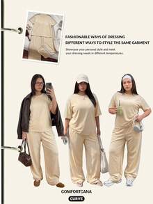 Comfortcana Conjunto informal de verano de 2 piezas de talla grande con camiseta y pantalones a rayas de contraste - Albaricoque - Ver 4