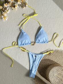 Swim Vcay Bộ bikini tam giác gợi cảm, màu trơn, kiểu dáng thời trang mới dành cho nữ, kiểu cổ yếm, hở lưng, đính kim loại, thích hợp cho mùa hè đi biển. - Nhiều màu - Xem 2
