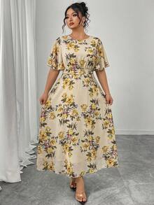 Modelyn Plus Size Women's Elegant Round Neck Ruffle Flare Sleeve Fitted Flowy Maxi Chiffon Dress, Spring/Summer - Multicolor - View 5