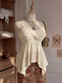 Comfortcana Atasan Camisole A-Line Rajutan Renda Ukuran Besar untuk Liburan Musim Panas, Warna Cokelat untuk Olahraga Musim Panas - Putih - View 4