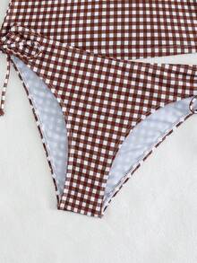 Swim Mod Bộ đồ bơi tankini nữ mùa xuân hè họa tiết kẻ caro cổ chữ V thắt nút, kiểu dáng dễ thương, quyến rũ, thích hợp cho lễ hội âm nhạc. - Đen và trắng - Xem 4