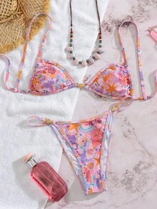 Swim Vcay Conjunto de bikini de verano para mujer con estampado de lunares y estrellas de mar, con escote halter y lazos, traje de baño sexy - Multicolor - Ver 2