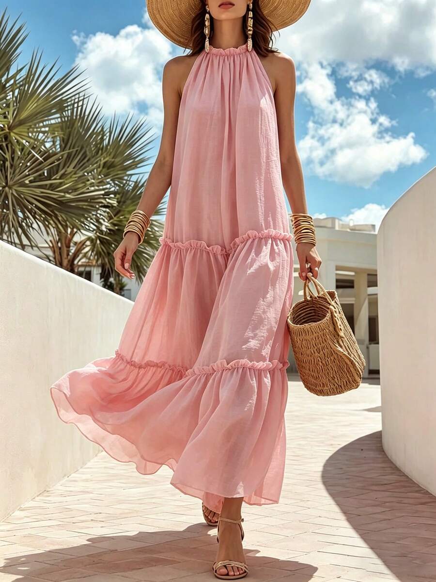 Balvessa Đầm chữ A xếp tầng màu hồng bằng vải chiffon dành cho nữ, thích hợp cho kỳ nghỉ. - Hồng - Xem 1