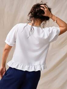 GlowEve CURVE Plus Size Women's Elegant Short Sleeve Round Neck Open Front Embroidered Blouse, Summer Office White - White - View 2