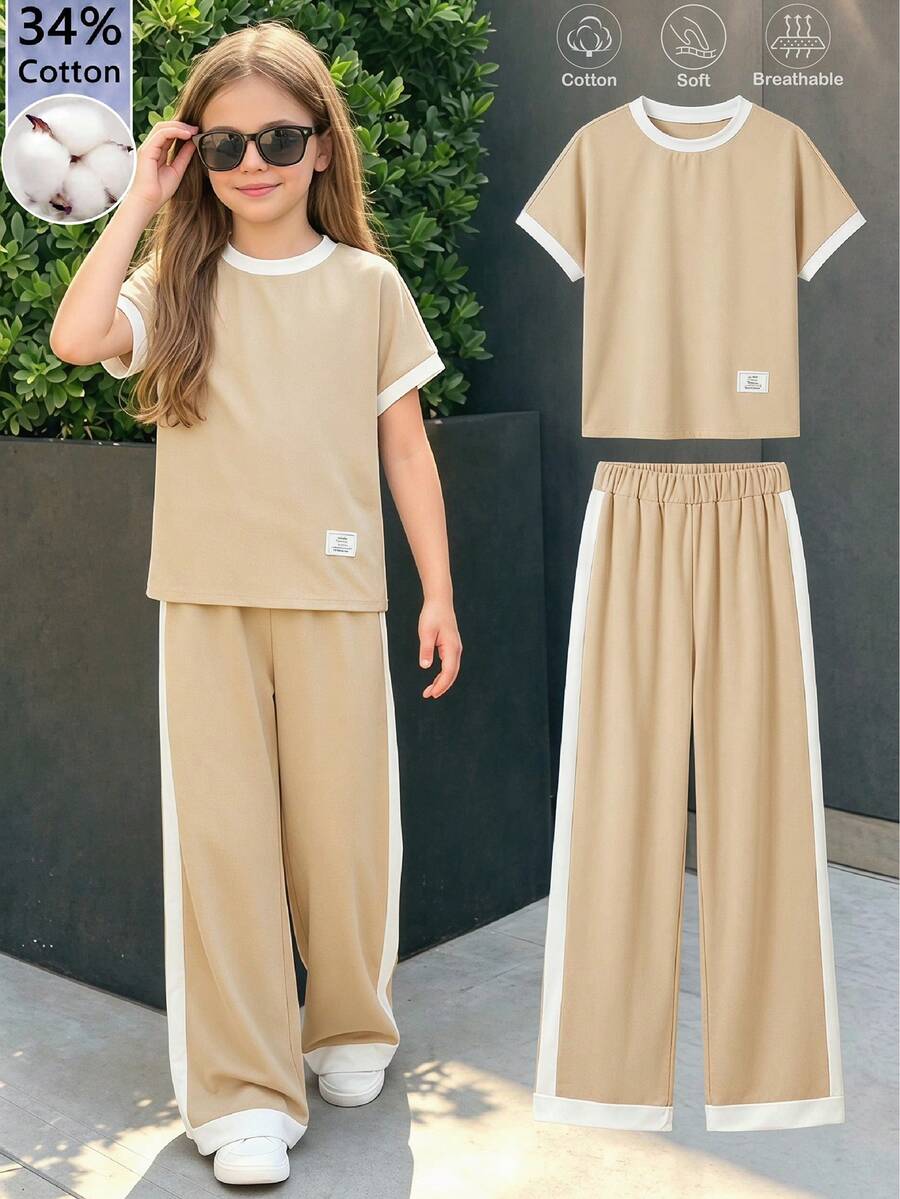 少女休闲百搭日常穿搭黑白撞色圆领插肩袖T恤+直筒针织裤套装，柔软舒适，纯棉材质，少女服装，夏季服装，两件套，度假，夏季穿搭，女童套装
