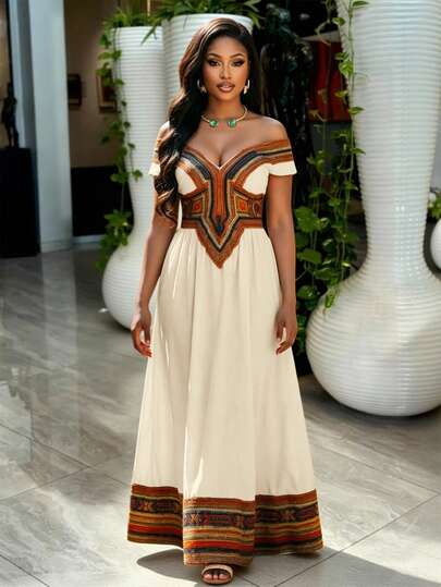 Brilight Women's Elegant Summer Holiday Dress - Off-The-Shoulder, High-Waisted A-Line Maxi Dress. Features: Placed Print Pattern, Striped Accents. Suitable For Occasions: Festivals, Celebrations, Formal Events, Parties, Vacations, Weddings (Guest Attire), Carnivals, And More. Style: Bohemian. Category: Summer Dresses, Women's Maxi Dresses.