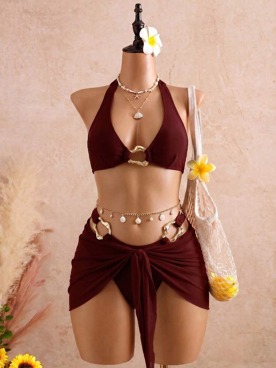 Swim Chiccia 3件組女款性感復古優雅浪漫度假海灘套裝，包含比基尼、泳衣與裙子 - 酒紅色 - 查看 1