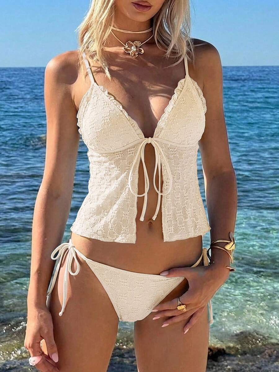 SHEIN MOD 女款夏季海灘荷葉邊綁帶細肩帶坦基尼上衣與三角泳褲泳衣套裝 - 杏色 - 查看 1