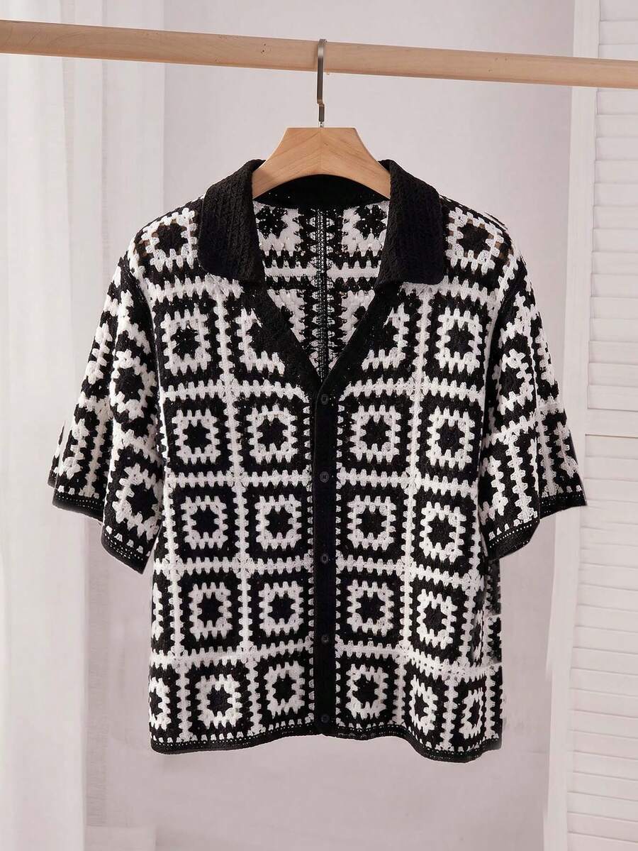NORVETH Men's Contrast Color Short Sleeve Button Front Knit Top - Black - View 1