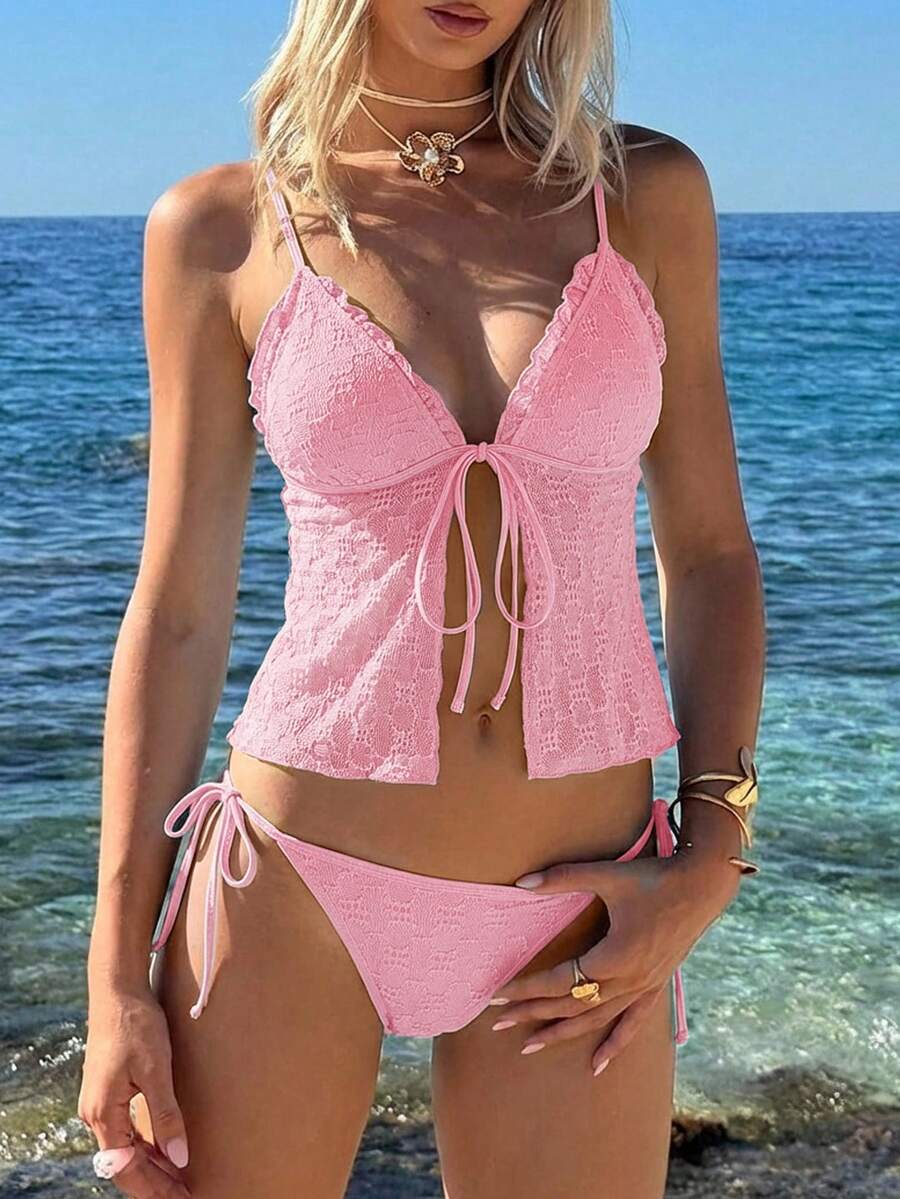 SHEIN MOD 女款純色泳裝套裝，適合度假與海灘 - 粉色 - 查看 1