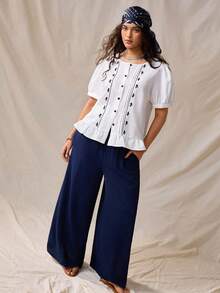 GlowEve CURVE Plus Size Women's Elegant Short Sleeve Round Neck Open Front Embroidered Blouse, Summer Office White - White - View 6