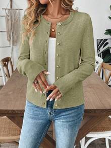 EMERY ROSE Women's Minimalist Daily Front Button Round Neck Long Sleeve Cardigan - Olive Green - View 5