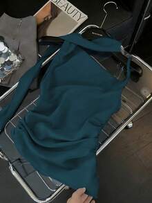 GlowEve 女款青色夏季優雅派對晚裝上衣，法式西西里純色腰部抓褶不對稱肩帶細肩帶背心，適合婚禮派對 - 水鴨藍 - 查看 5