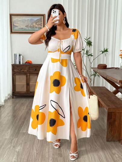 Weeklong Plus Size Women's Fashionable Printed Short Sleeve Off-Shoulder Dress