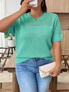EMERY ROSE Plus Size Casual Hollow Out Round Neck Short Sleeve Top - Mint Green - View 5