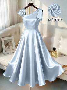 GlowEve CURVE Plus Size Women Satin Asymmetrical Shoulder Elegant Flared Dress Fall - Blue - View 1