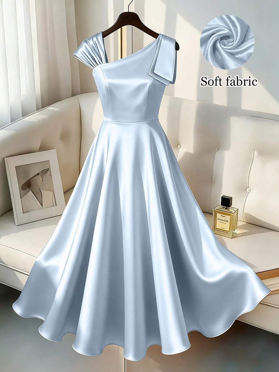 GlowEve CURVE Plus Size Women Satin Asymmetrical Shoulder Elegant Flared Dress Fall - Blue - View 1
