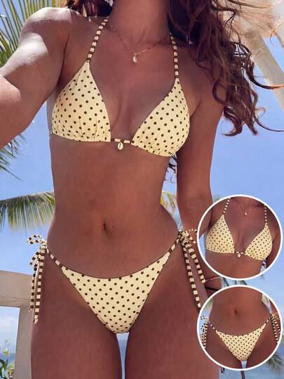 Swim Mod Damski komplet bikini z odkrytymi plecami i paskiem w kształcie litery T, na festiwal muzyki plażowej, wiosna/lato, z nadrukiem w groszki i paski, z węzłem, falbankami i wisiorkiem w kształcie muszli, uroczy, modny, seksowny, w stylu kurortu